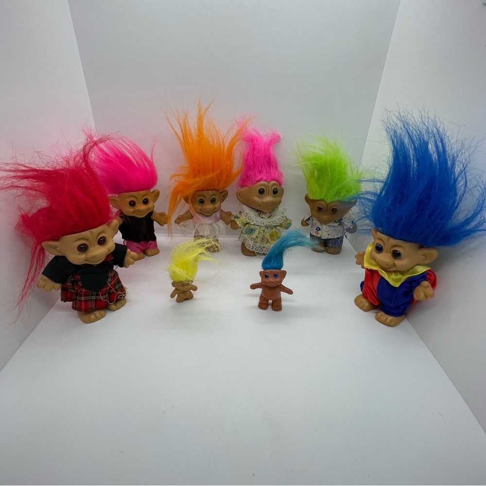 Pink and Orange Vintage Troll Dolls with Accessories